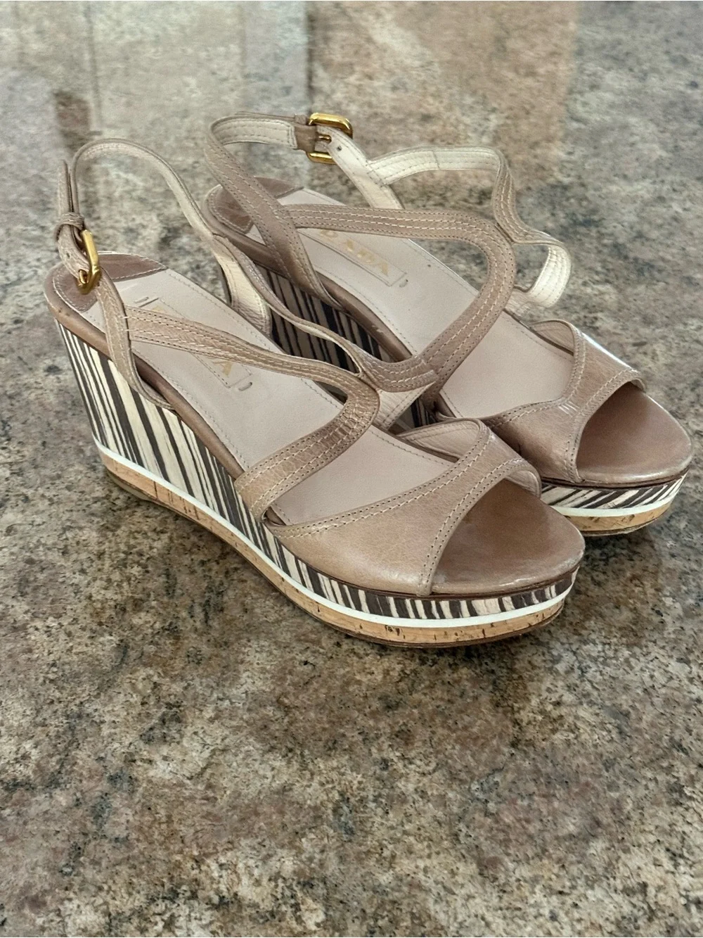 Prada Beige Leather Platform Wedge Sandals Zebra Stripe Cork Slingback 37